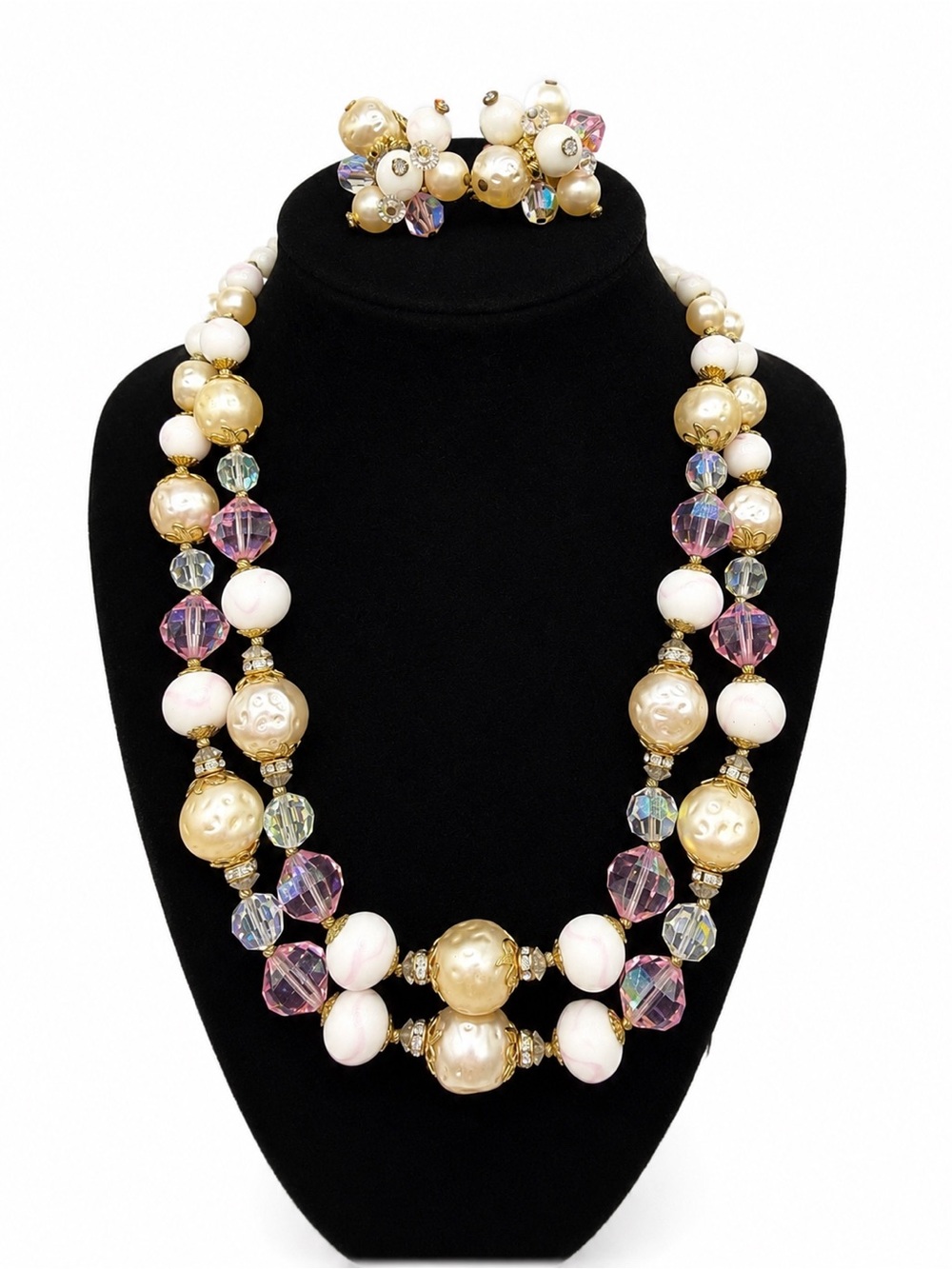Vintage Signed Vendôme Necklace & Earrings Set | Gold Tone Pearl Crystal Stateme